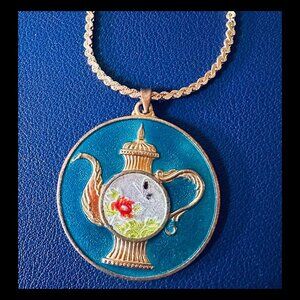 Asian Enamel Cloisonne Pendant. 1960s "Good Fortune" Tourist Medallion.